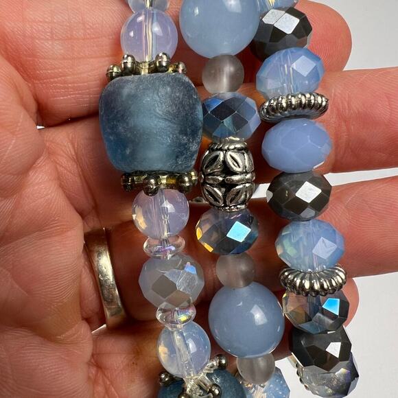 Handmade Beaded Bracelet Trio Ocean Blues Sea Glass Metals Multi Size Beads - Picture 5 of 6